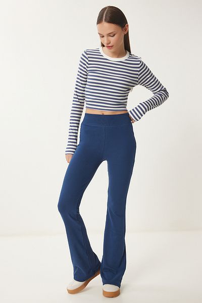 Happiness İstanbul Marineblaue Strick-Leggings mit hoher Taille und spanischem Bein für Damen XR00021