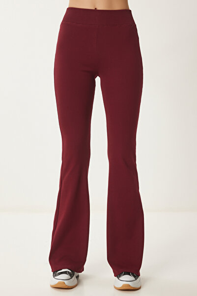 Happiness İstanbul Women's Burgundy High Waist Spanish Leg Knitted Leggings Xr00021