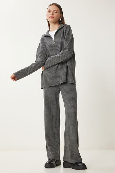 Happiness İstanbul Women's Anthracite Zippered Ribbed Knitwear Sweater Pants Suit Pf00105