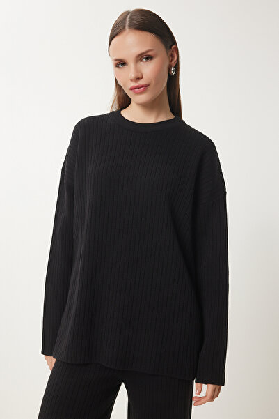 Happiness İstanbul Női fekete bordás kötöttáru pulóver nadrág szett pf00104