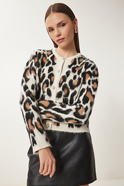 Happiness İstanbul Kadın Krem Siyah Leopar Desenli Kısa Sakallı Hırka KB00040