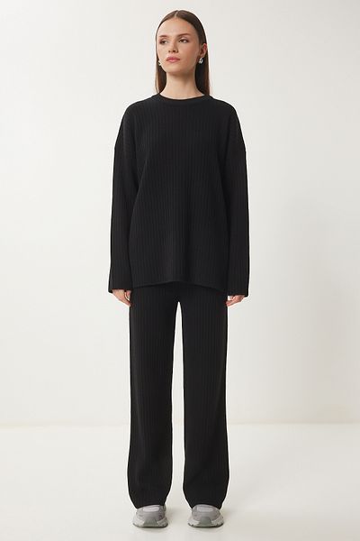 Happiness İstanbul Women's Black Ribbed Knitwear Sweater Pants Suit Pf00104