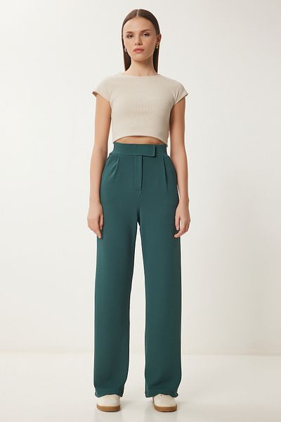 Happiness İstanbul Women's Emerald Green Velcro Waist Comfortable Woven Trousers RV00150