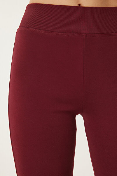 Happiness İstanbul Women's Burgundy High Waist Spanish Leg Knitted Leggings Xr00021