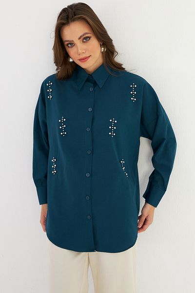 Cool & Modest Cămașă de damă de culoare benzină - împânzire, model MASF1