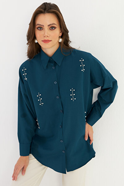 Cool & Modest Cămașă de damă de culoare benzină - împânzire, model MASF1