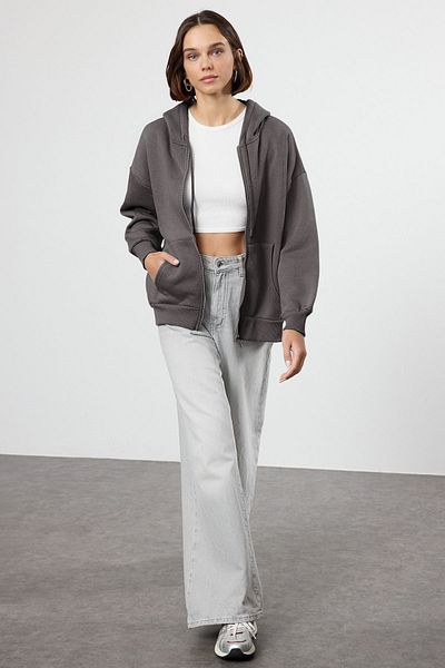Trendyol Collection Anthrazit Oversize Basic Dickes Fleece mit Kapuze und Reißverschluss
