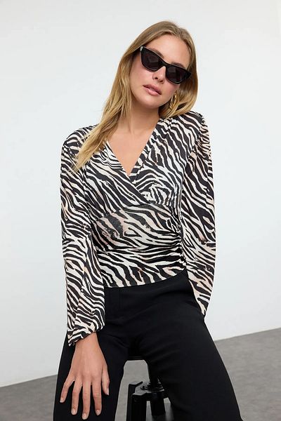 Trendyol Collection Green Animal Print Stretchy Double Breasted Blouse - Long Sleeve with Drape Detail Twoaw25Bz00021