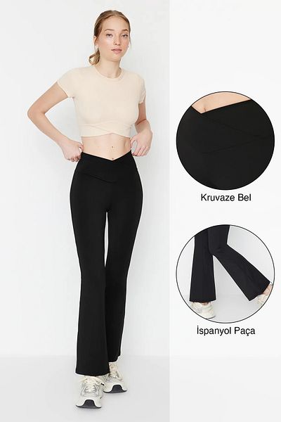 Black Double Breasted Waist Detailed Spanish Leg Yoga Knitted Sports Leggings THMAW23TY00005