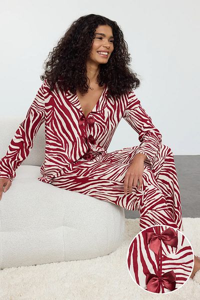 Trendyol Collection Burgundy Zebra Print Viscose Woven Pajamas Set with Ribbon/Bow and Piping Detail Thmaw25Pt00032