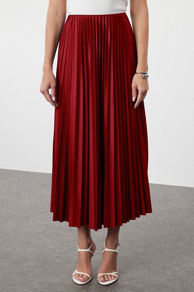 Trendyol Collection Burgundy Pleated Maxi Stretchy Knitted Skirt Twoss24Et00041