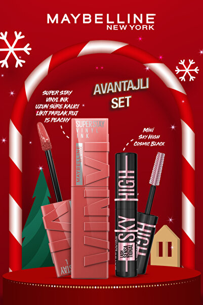 Maybelline New York Super Stay Vinyl Ink Uzun Süre Kalıcı Likit Parlak Ruj 15 Peachy& Mini Sky High Cosmic Black Maskara