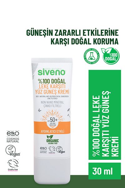 Siveno 100% Natural Facial Sunscreen Anti-Blemish Brightening Mineral Filter Uva Uvb Spf 50+ 30 ml