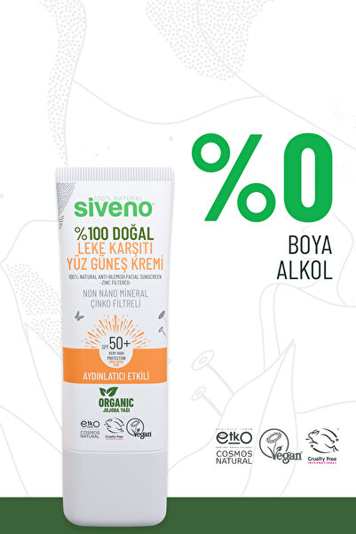 Siveno %100 Doğal Yüz Güneş Kremi Leke Karşıtı Aydınlatıcı Mineral Filtre UVA UVB SPF 50+ 30 ml