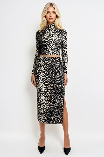 Trend Alaçatı Stili Leopárdmintás, puha textúrájú Crop blúz és maxi szoknya szett - ALC-X13326