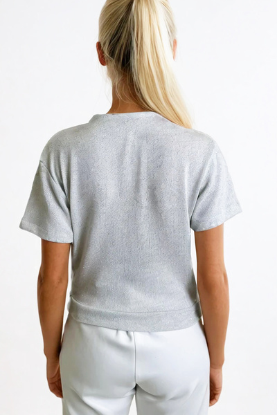 Trend Alaçatı Stili Šedá lurexová dvouřadá plodinová halenka – krátký rukáv, pletená Alc-X13316