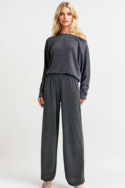 Trend Alaçatı Stili Black Glitter Boat Neck Blouse and Pants Set - Alc-X13318