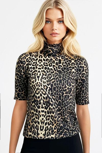 Trend Alaçatı Stili Women's Leopard Half Turtleneck Half Sleeve Knitwear Blouse Alc-X13007