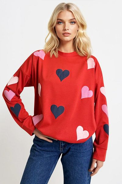 Trend Alaçatı Stili Rotes Oversize-Sweatshirt für Damen – Rundhalsausschnitt, Herzdruck, 2 Fäden ALC-X13314
