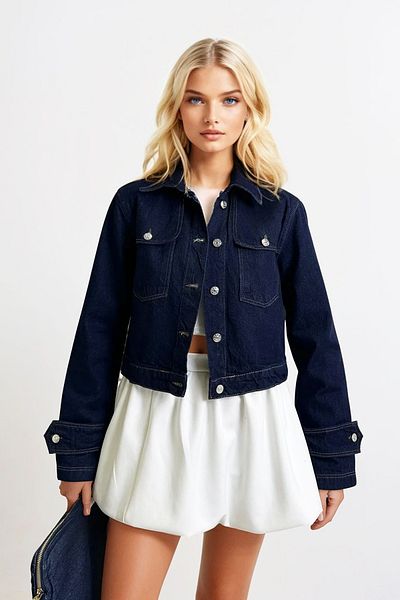 Trend Alaçatı Stili Dámská námořnická modrá nárameníková bunda Detailed Crop Jean Jacket Alc-X13310