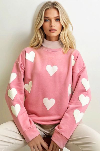 Trend Alaçatı Stili Pink Heart Bedrucktes Oversize-Sweatshirt für Damen – Rundhalsausschnitt, 2 Fäden ALC-X13314