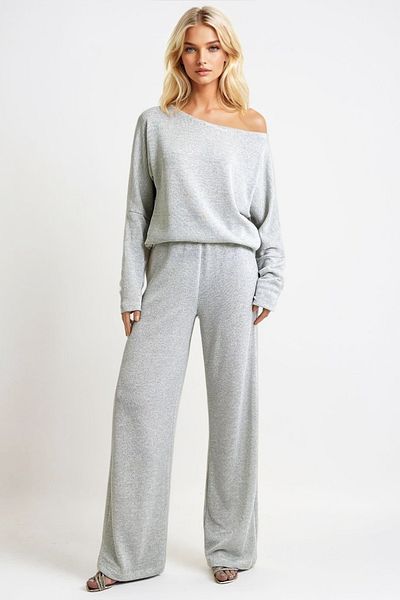 Trend Alaçatı Stili Gray Glitter Boat Neck Blouse and Pants Set - Alc-X13318