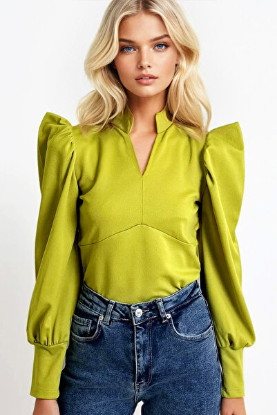 Trend Alaçatı Stili Bluză crop țesătă cu mâneci prințesă, verde ulei, pentru femei ALC-X9659