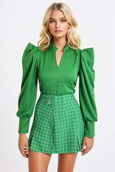 Trend Alaçatı Stili Bluză crop țesută cu mâneci prințesă cu guler verde pentru femei ALC-X9659
