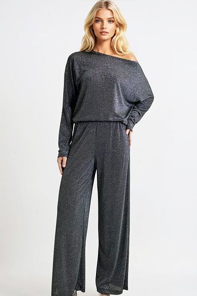 Trend Alaçatı Stili Black Glitter Boat Neck Blouse and Pants Set - Alc-X13318