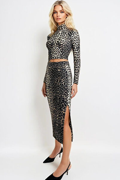 Trend Alaçatı Stili Leopárdmintás, puha textúrájú Crop blúz és maxi szoknya szett - ALC-X13326