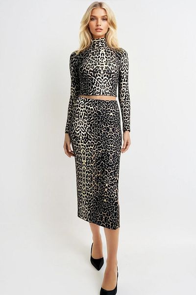 Trend Alaçatı Stili Set bluză și fustă maxi cu textura moale cu imprimeu leopard - ALC-X13326