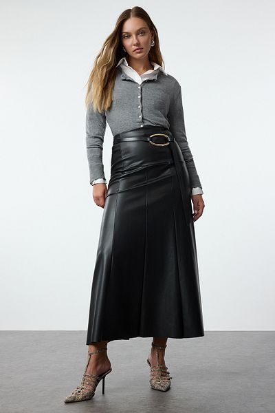 Trendyol Collection Fusta maxi neagră în formă de A - PU/piele artificială, TWOAW25ET00024