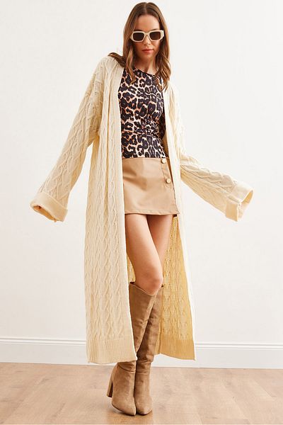 Olalook Women's Ecru Hair Knit Cuff Folded Maxi Knitwear Cardigan Hrk- 19000327
