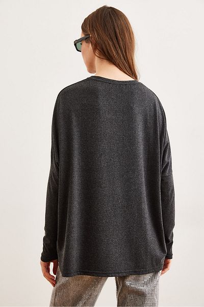 Olalook Schwarze Fledermaus-Wollviskose-Bluse mit Rundhalsausschnitt für Damen BLZ- 19002801
