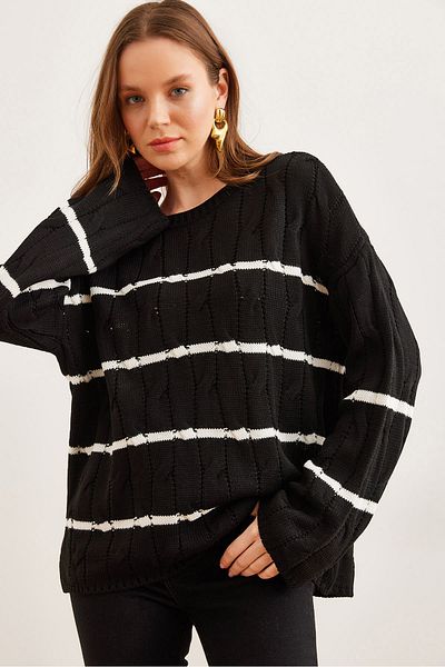 Olalook Pulover de damă cu păr negru împletit cu dungi KZK- 19000919
