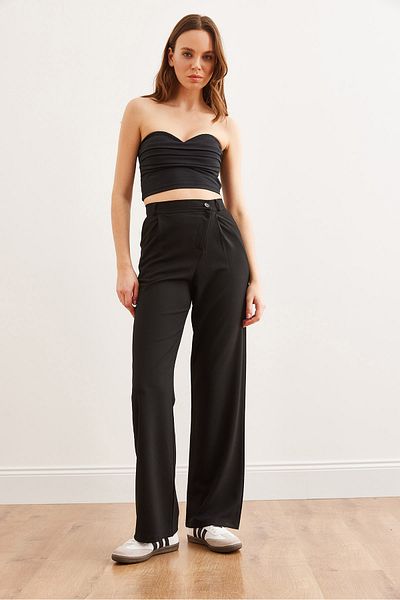 Olalook Women's Black Waist Detailed Wide Leg Trousers with Pockets Pnt- 19000308