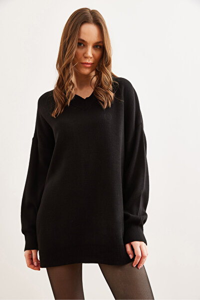 Olalook Kadın Siyah V Yaka Triko Tunik Elbise ELB-19002280