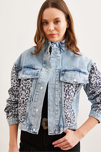 Olalook Dámský modrý obal na kapsy Leopard Detail Premium džínová bunda Ckt- 19000414