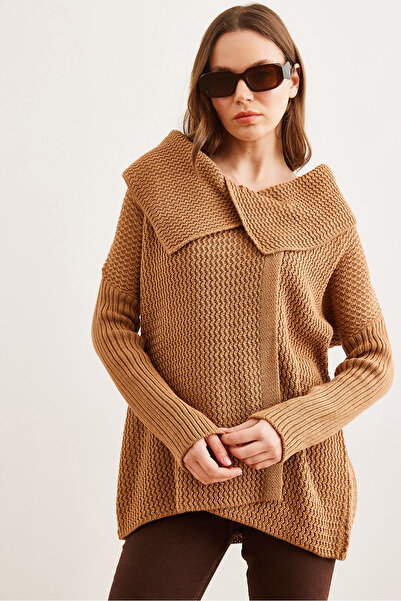 Olalook Kadın Taba Anvelop Yaka Düğmeli Triko Hırka HRK-19000326