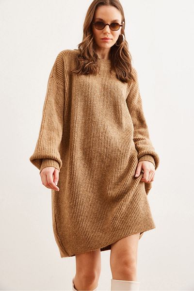 Olalook Women's Mink Crew Neck Balloon Sleeve Soft Textured Knitwear Tunic Dress Elb- 19001802