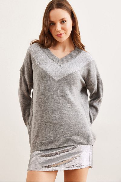 Olalook Pulover de damă, gri, cu decolteu în V, cu sclipici, cu textura moale KZK- 19000587