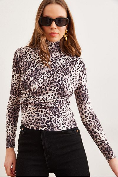 Olalook Women's Ecru Leopard Drape Detailed Flowy Stylish Blouse Blz- 19002712