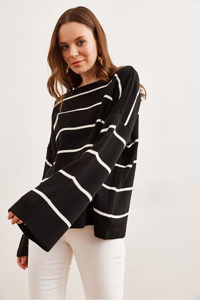 Olalook Pulover de damă, negru, cu dungi, cu gât de barcă, KZK- 19000921