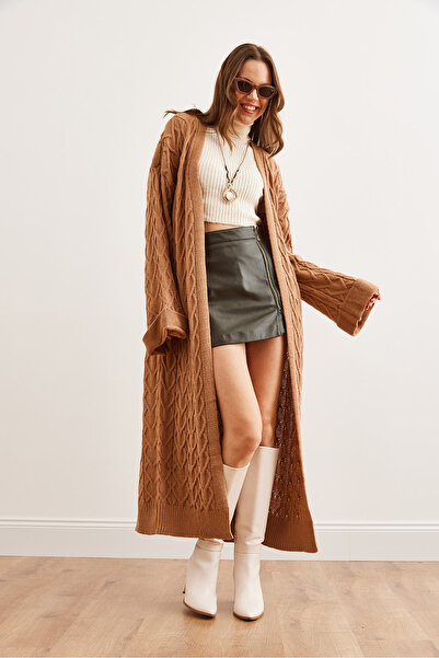 Olalook Kadın Camel Saç Örgü Manşet Katlamalı Maxi Triko Hırka HRK-19000327
