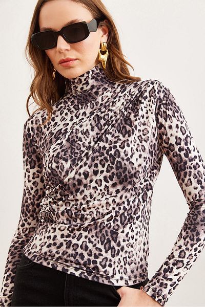 Olalook Women's Ecru Leopard Drape Detailed Flowy Stylish Blouse Blz- 19002712