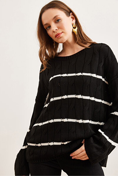 Olalook Жіночий чорний ребристий светр з листового металу в смужку KZK19000919