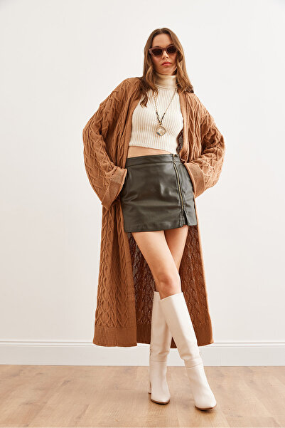 Olalook Kadın Camel Saç Örgü Manşet Katlamalı Maxi Triko Hırka HRK-19000327