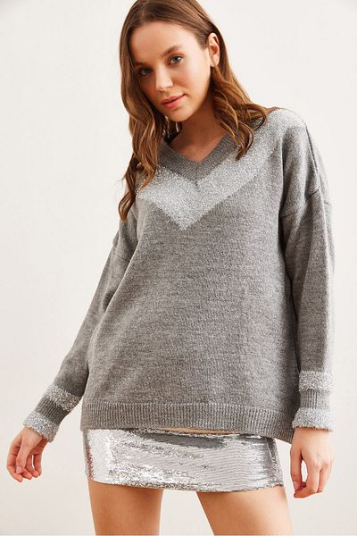 Olalook Pulover de damă, gri, cu decolteu în V, cu sclipici, cu textura moale KZK- 19000587