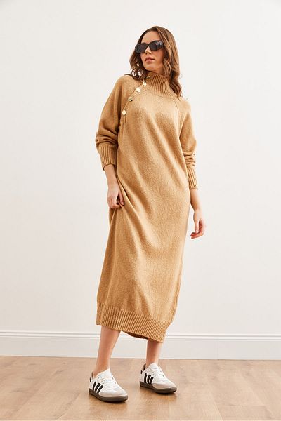 Olalook Women's Tan Collar Openable Button Detailed Maxi Knitwear Dress Elb- 19002288