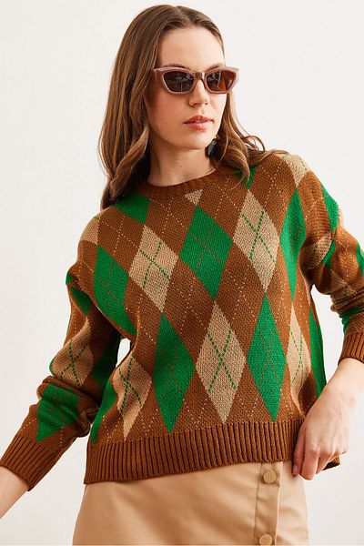 Olalook Women's Camel Hair Diamond Patterned Crop Knitwear Sweater Kzk- 19000910
